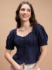 Buy Tokyo Talkies Navy Blue Sweetheart Neck Peplum Top - Tops for