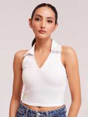 Buy BerryBird Shirt Collar Sleeveless Ribbed Knit Tank Crop Top