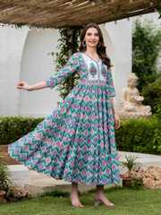 Buy Mizaz Printed Pure Cotton V-Neck Fit & Flared Ethnic Dress