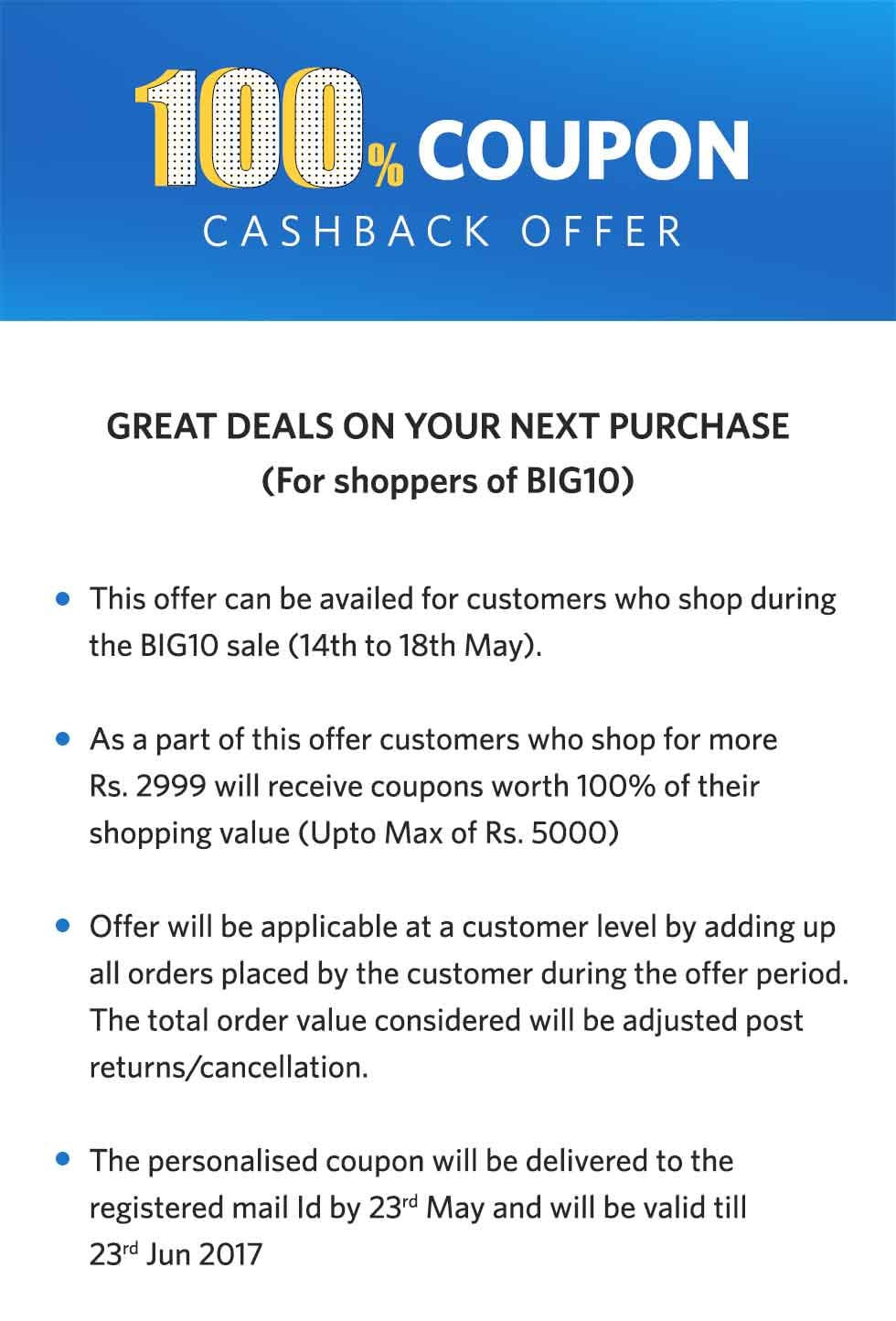 Get 100% cashback when Shop for Rs.2999 (14th to 18th May) at Myntra